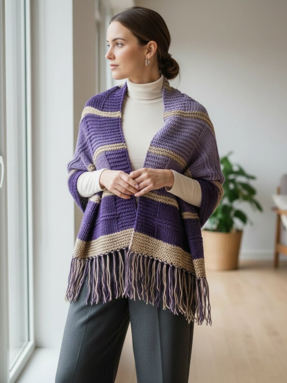 NEW Beige Purple Shawl Scarf Wrap Boho Fringed Hand Knit Ombre Boho Cottage